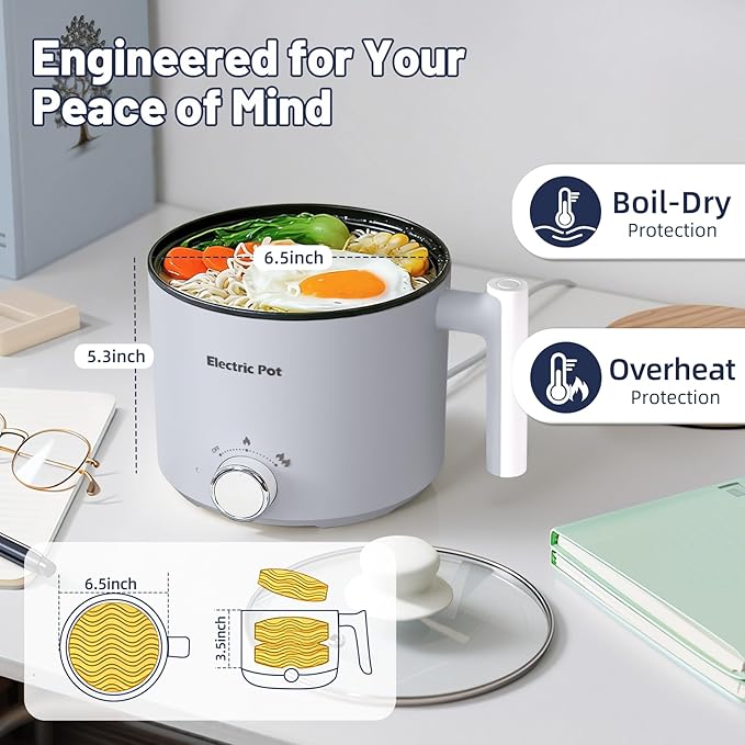 Electric Hot Pot :1.5L Mini Ramen Cooker with Overheat & Boil-Dry Protection, Suitable for Noodles, Soup, Oatmeal, College Dorm Office Travel Essentials (Grey, 1.5L)