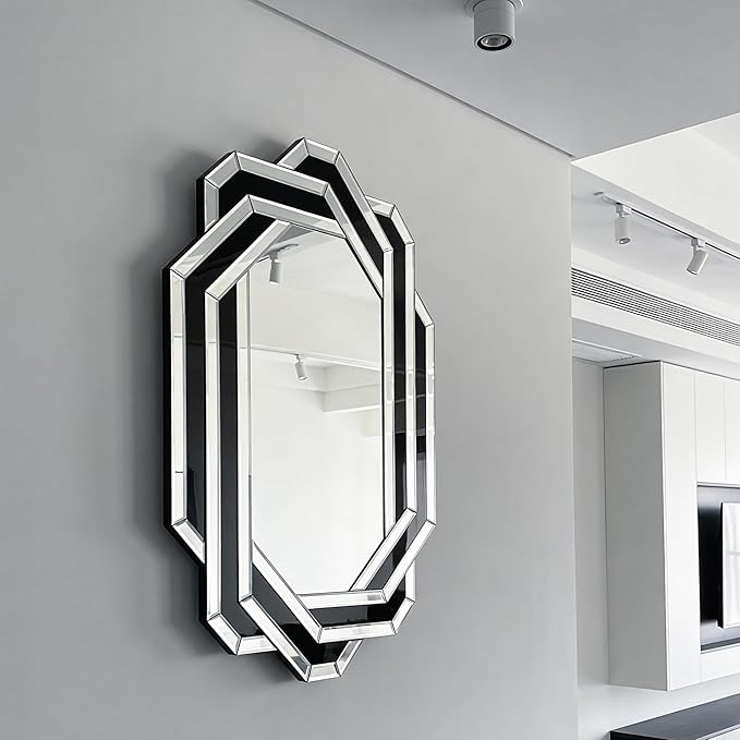 SSLine 2-Piece Set Mirrored Console Table with Wall Mirror, 43" Modern Black Mirror Entryway Table with O-Shape Base, 35.4"x23.6" HD Mirror for Entryway Hallway