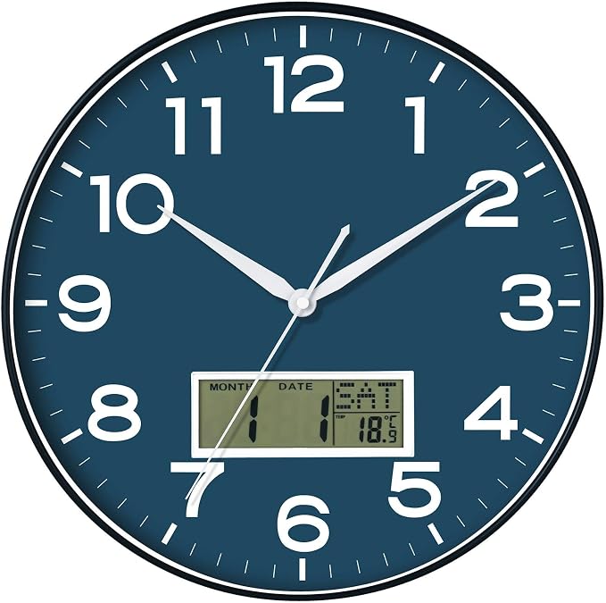 AKCISOT Wall Clock 12 Inch, Non-Ticking Silent Battery Operated Analog with LCD Display for Perpetual Calendar and Temperature, Ideal Modern Decor for Home, Bedroom, Kitchen, Office (Blue)