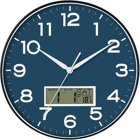 AKCISOT Wall Clock 12 Inch, Non-Ticking Silent Battery Operated Analog with LCD Display for Perpetual Calendar and Temperature, Ideal Modern Decor for Home, Bedroom, Kitchen, Office (Blue)