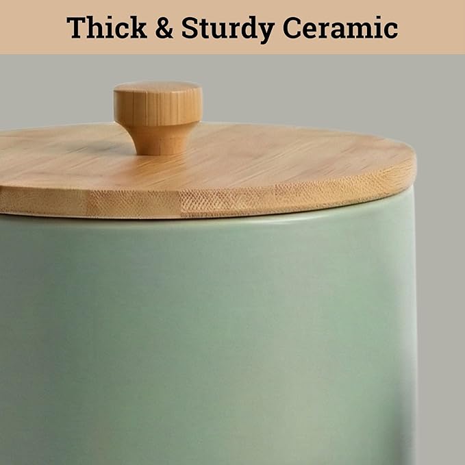 Ceramic Kitchen Canisters for Countertop Set of 3 with Airtight Bamboo Lids - Sage Kitchen Canisters with Airtight Lids - Flour Sugar Canister Set - Flour and Sugar Containers Farmhouse - Coffee Jar