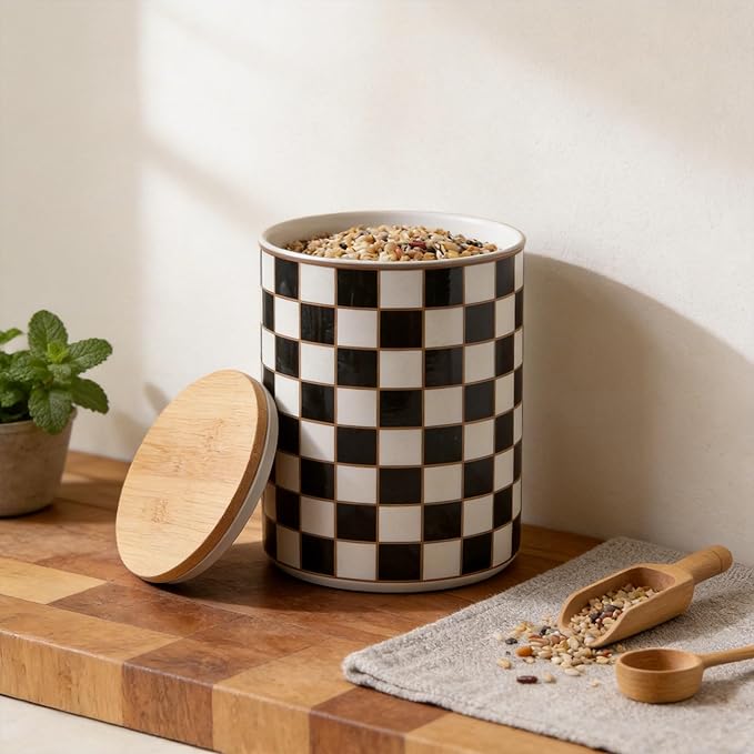 Kitchen Countertop Ceramic Checkered Canisters,Black And White Food Storage Containers With Lid,Airtight Kitchen Canisters for Flour, Sugar, Coffee, Tea, and Dry Goods (Black, XL)