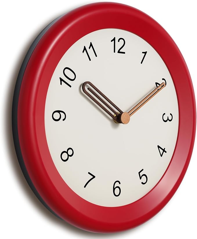 Mosewa 10 Inch Red Wall Clock Silent Non-Ticking Quartz Battery Operated Analog Clock with Wood Hands, Easy to Read Minimalist Round Clock for Kitchen Living Room Bedroom Office