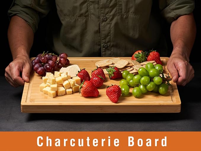 Allsum Large Bamboo Wood Cutting Boards for Kitchen, 1" Extra Thick Butcher Block with Juice Grooves & Handles Resisting to Warping and Cracking, Fancy Charcuterie Boards, 17"L x 12.5"W