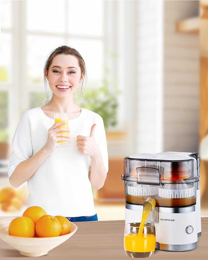 Dual-Head Electric Orange Juicer Squeezer, Citrus Juicer Machines with Power Cord & Cleaning Brush, 1-Touch Automatic Juicer Machine for Orange, Lemon, Lime, High Juice Yield, Built-in Cutter