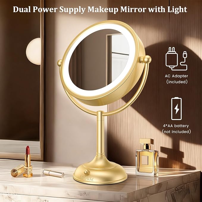 VESAUR 8.5'' Large Gold Lighted Makeup Mirror, 1X/10X Clear Seamless Magnifying Mirror, Bright Vanity Mirror with 3 Colors Dimmable Lights, Two-Sided 360°Rotation Stable Base, Luxury Nickel, Gift Box