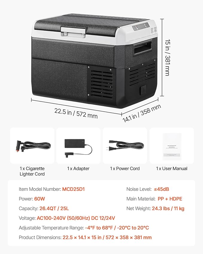 VEVOR 12 Volt Car Refrigerator, 26.4QT/25L Car Fridge, Portable Electric Freezer with -4℉ to 68℉ Adjustable Temp, 12/24V DC and 100-240V AC Compressor Cooler for Outdoor, Camping, RV