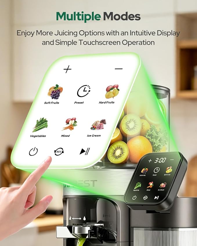 2026 Upgraded Cold Press Juicer Machine, 6.5" Extra Wide Chute Masticating Juicer with 100oz Self-Feeding Hopper,3-in-1 Smart Touch Slow Juicer for Sorbet & Nut Milk, High Yield, Easy Clean