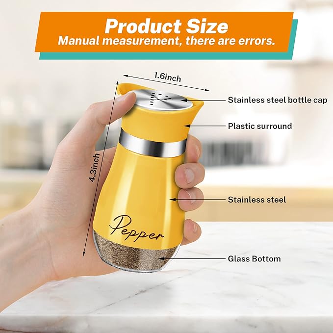Salt and Pepper Shakers Set,4 oz Glass Bottom Salt Pepper Shaker with Stainless Steel Lid for Kitchen Cooking Table, RV, Camp,BBQ Refillable Design (Yellow)