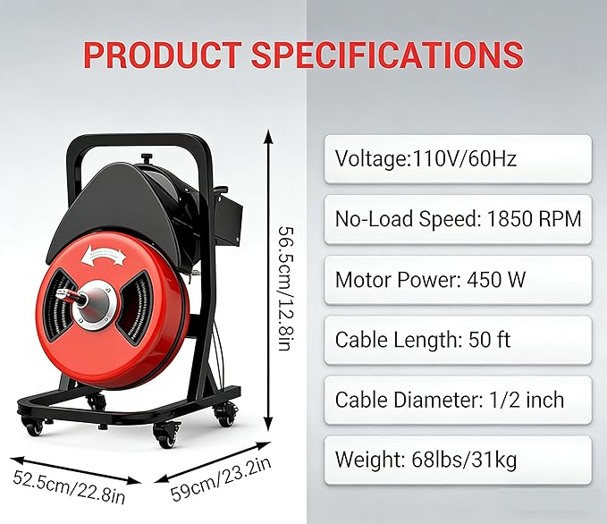 Garvee 50FTx1/2 Inch Drain Cleaner Machine with Wheels, Sewer Snake Electric Drain for 2" to 4" Pipes, Plumbing Snake Auger Cleaner with 6 Cutter & Foot Switch for Sewer, Sink, Toilet, Bathroom