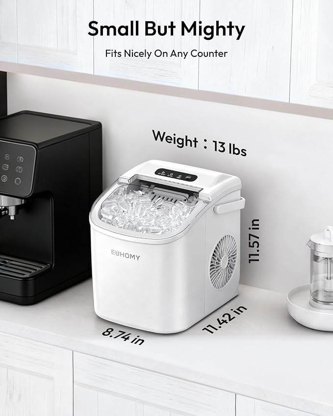 EUHOMY Countertop Ice Maker Machine with Handle, 26lbs Per Day, 9 Ice Cubes Ready in 6 Mins, Auto-Cleaning Portable Ice Maker with Basket and Scoop, for Home/Kitchen/Camping/RV (White)