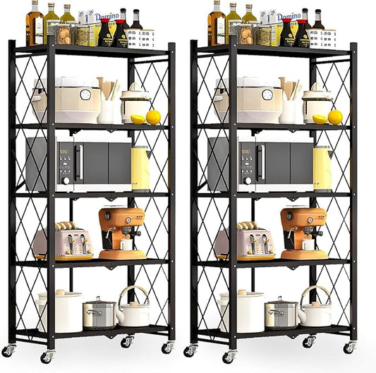2 Folding Shelves 5 Tier Collapsible Shelf 550LBS Folding Metal Rack Shelving with Wheels Heavy Duty No Assembly for Home Kitchen Office