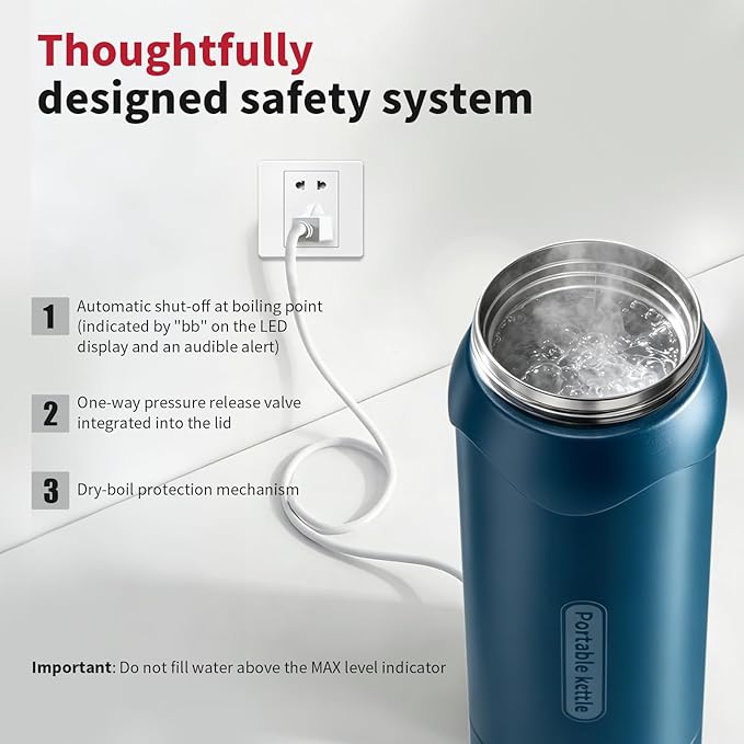 Insulated Stainless Steel Travel Electric Kettle Small, Smart Water Bottle with 4 temperature control, Leak-Proof, Mini Travel Essentials Portable Office Gifts for Tea Lovers, Dark Blue