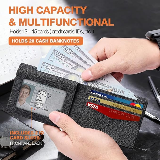 Wallet for Men Slim RFID Blocking Bifold Carbon Fiber,Minimalist Small Compact Front Pocket Credit Card Holder,Thin Mens Leather Wallets Smart Security With 2 ID windows 1 Cash (Cross Black)