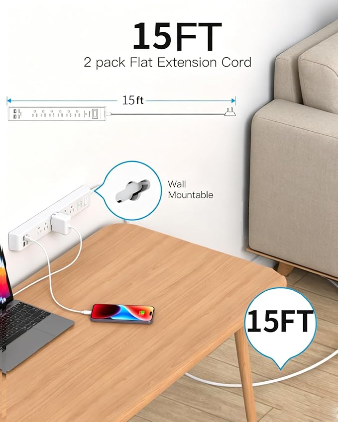 2 Pack Power Strip, Extension Cord 15FT, Surge Protector with 6 Outlets and 4 USB Ports (2 USB C), Flat Plug Overload Protection, Extension Cord with Multiple Outlets, Wall Mount for Home Dorm College