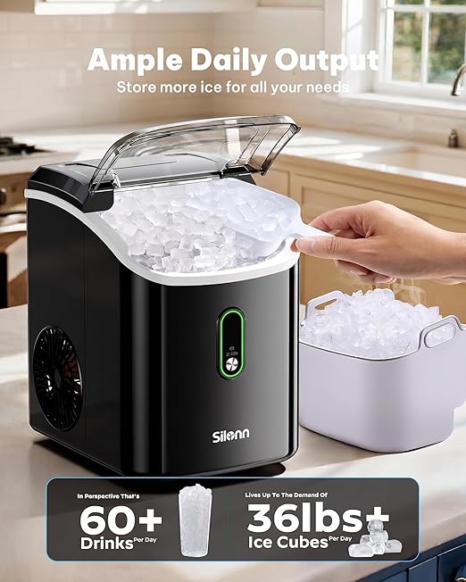 Silonn Nugget Ice Maker Countertop, Pellet Ice Machine with Self-Cleaning Function, Sonic Ice Maker Produces 36lbs of Chewable Ice in 24 Hours, Ideal for Home Kitchen and Office (Black)