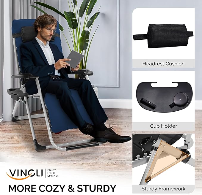VINGLI Padded Zero Gravity Chair, Lounge Chair with Removable Cushion & Tray， Folding Reclining Patio Chairs， Recliner Chair for Lawn，Indoor and Outdoor-Blue