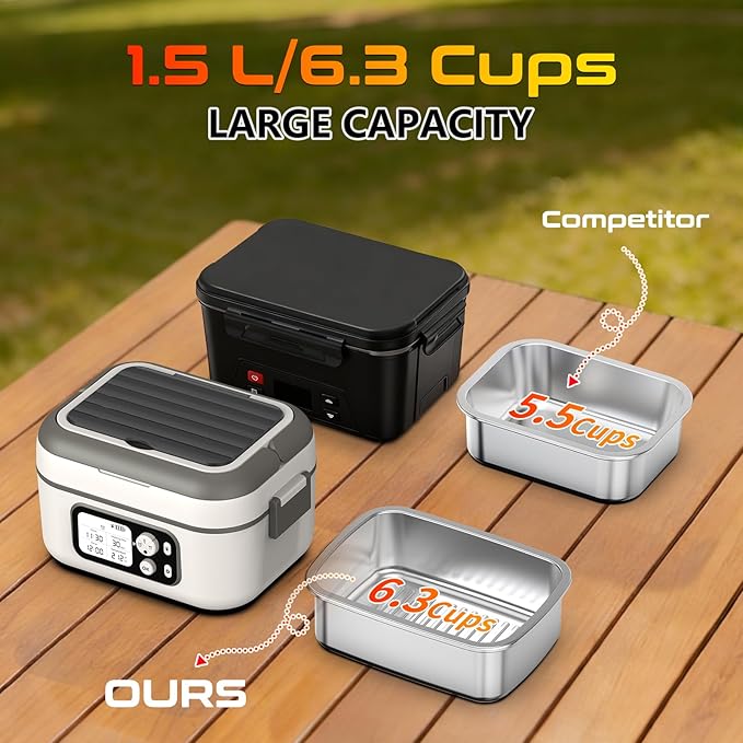 Cordless Electric Heated Lunch Box, XL 6.3Cups Rechargeable Food Warmer Lunch Box with Self Heating, Smart Timer, Adjustable Temperature, Leakproof, BPA Free, Removable Divider White