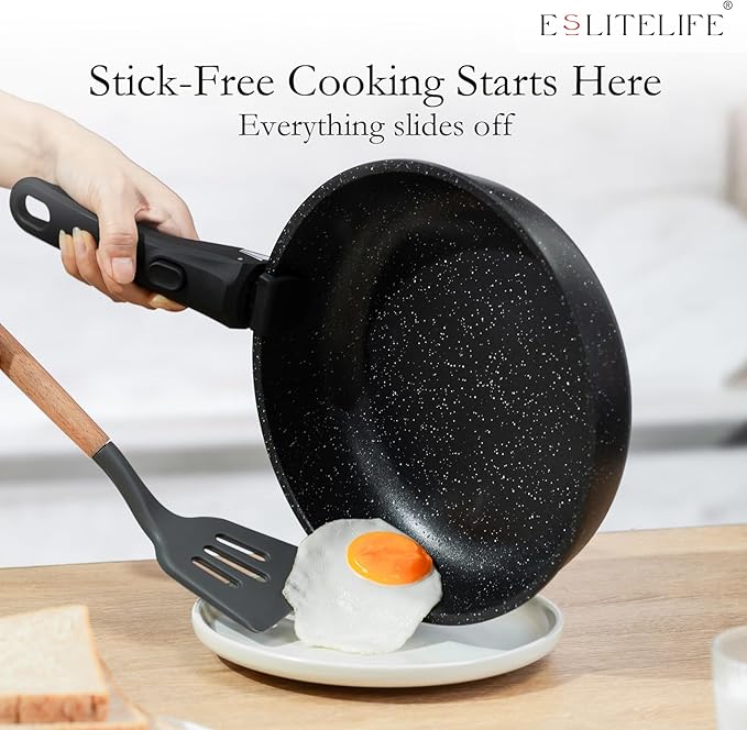 ESLITE LIFE Nonstick Ceramic Frying Pans Skillets Set with Lids & Detachable Handle, Non-Toxic Egg Omelette Kitchen Cooking Pans Compatible with All Stovetops, PTFE & PFOA Free, Black, 7-Piece