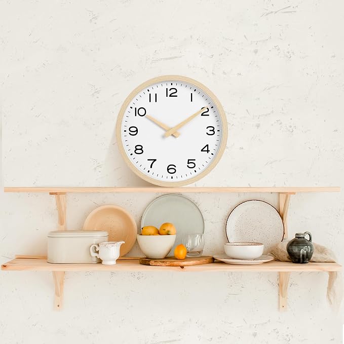 AKCISOT 12 Inch Wall Clock, Battery Operated Analog Clock, Silent Non-Ticking, Ideal for Bedroom, Bathroom, Kitchen, Office and School, Natural