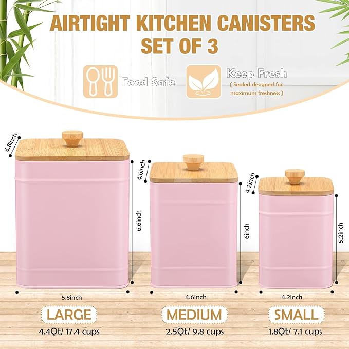 Tioncy Kitchen Canisters for Countertop Set of 3 Metal Canisters Sets with Bamboo Lids Spoon Airtight High Capacity Coffee Tea Sugar Flour Jars with DIY Labels Farmhouse Food Storage(Pink,L,M,S)