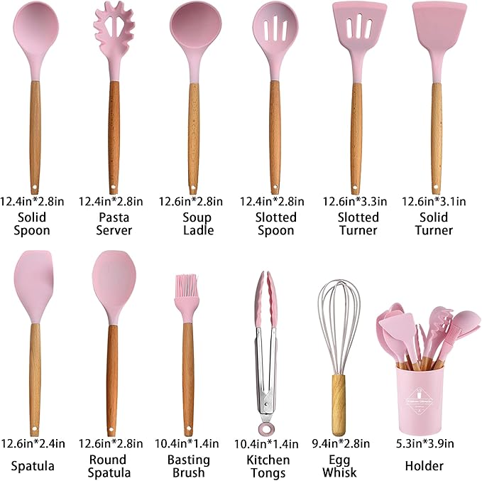 Silicone Cooking Utensils Set, 12-piece Kitchen Utensil Set Non-stick Cookware Is Heat-resistant, BPA-Free, Cooking Tools, Stirring Kitchen Tool Set (Pink)