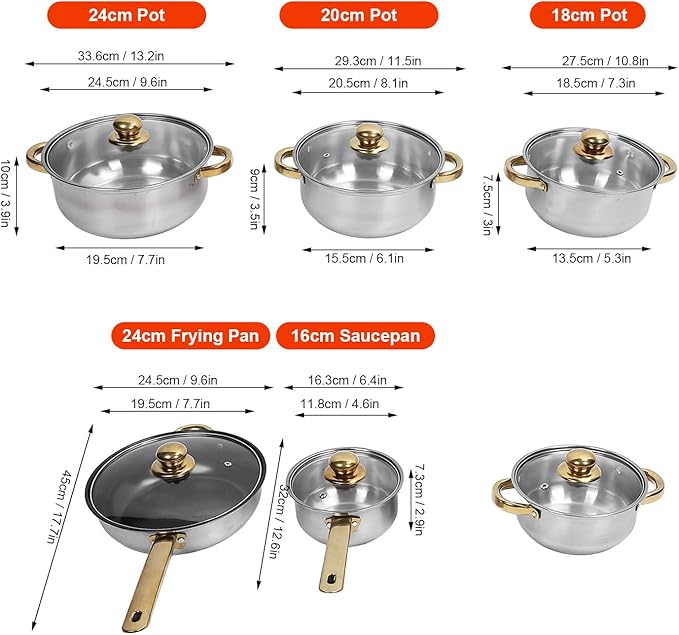 12pcs Pots and Pans Set, Stainless Steel Induction Kitchen Cookware Set with Detachable Handle, Dishwasher Non Stick Cooking Set with Frying Pan, Saucepans, Stockpots (Gold
