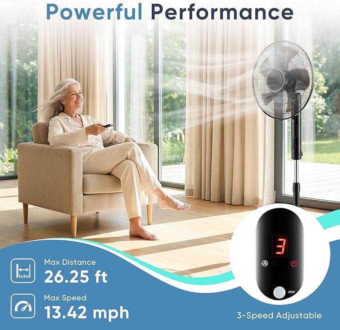 NEWBULIG 17" Pedestal Fan with Remote, 15H Auto Timer, Quiet Standing Fan for Bedroom, Living Room & Office, 3 Speeds, 3 Modes, Adjustable Height & 80° Oscillation