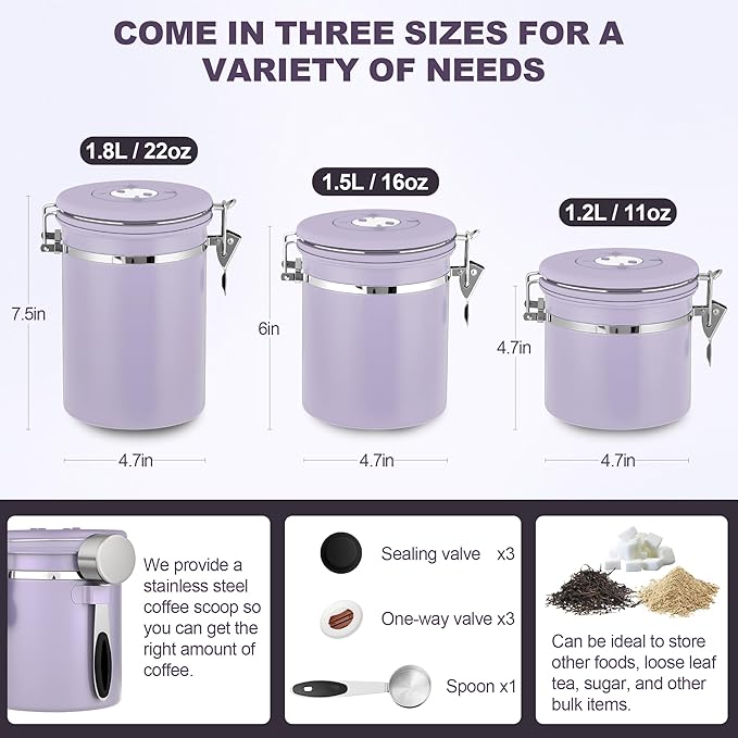 ShanSon Coffee Canister Airtight Coffee Container Stainless Steel Coffee Bean Storage Container with Scoop Coffee Canister for Beans Grounds Sugar Flour Tea Cereal,11OZ, Purple Upgraded Version