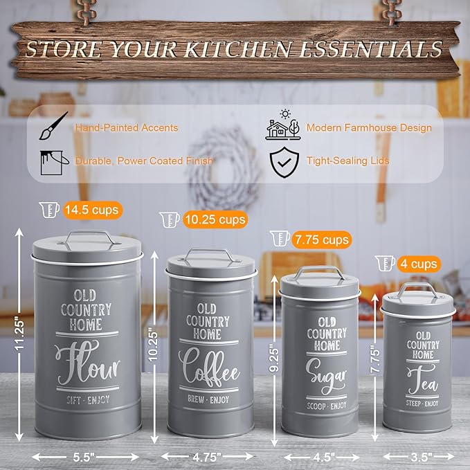 DAYYET Gray Canisters Sets for the Kitchen, Airtight Kitchen Canisters for Countertop, Flour and Sugar Containers, Tea Coffee Sugar Canister Set, Gray Kitchen Decor and Accessories, Set of 4