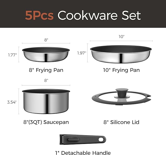 5pcs Nonstick Cookware Set, Diamond-Titanium Ceramic Coating & 3 Layer Stainless Steel Pots and Pans Set with Detachable Handle, Dishwasher Safe, Induction Compatible, Oven Safe, Black