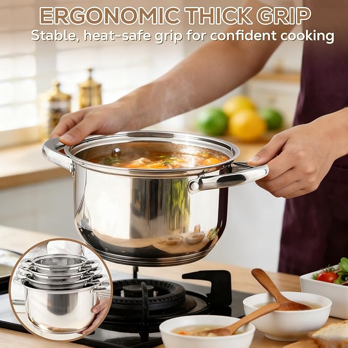 Stainless Steel Cookware Set - 15 Pieces Pots and Pans Nonstick Pot and Pan Set Includes 1 Frying Pans, 5 Pots, 6 Lids and 3 Utensils, with Stay Cooling Handle, Induction & Oven Safe