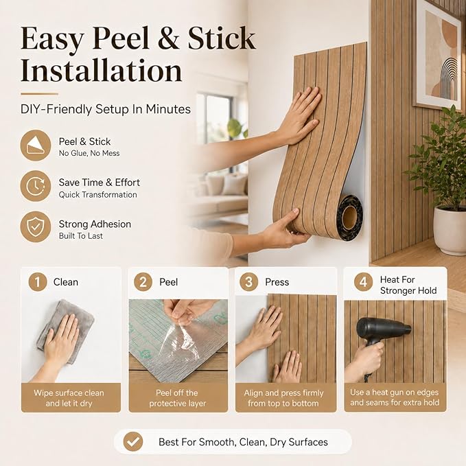Abyssaly 3D Peel and Stick Wood Wall Panels, 15.7" x 118" Thickened PVC Self-Adhesive Wall Paneling, Soundproof Waterproof Brown Wood Slat Wallpaper for Living Room Bedroom Kitchen Accent Walls