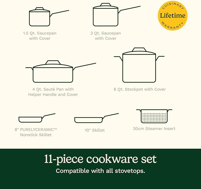 Cuisinart Cookware Set, 11 Piece Stainless Steel Cookware Pots and Pans, Home and Kitchen Durable Stainless Steel for Everyday Cooking, Matte Thyme, MT89G-11