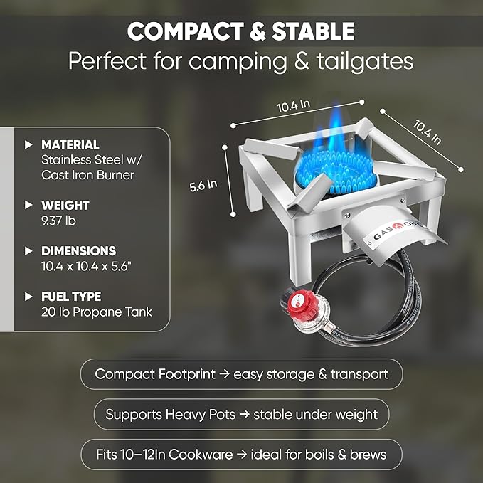 GasOne Stainless Steel Single Propane Burner - Outdoor Cooking with Heat Shield and Guard – Propane Burner Head for Camping, Tailgating, Seafood Boil, Home Brewing - Patented