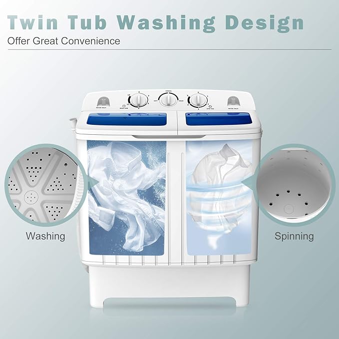 COSTWAY Portable Washing Machine, Twin Tub 20 Lbs Capacity, Compact Laundry Washer(12 Lbs) and Spinner(8 Lbs), Durable Design, Timer Control, Perfect for RV, Apartments and Dorms, Blue+White