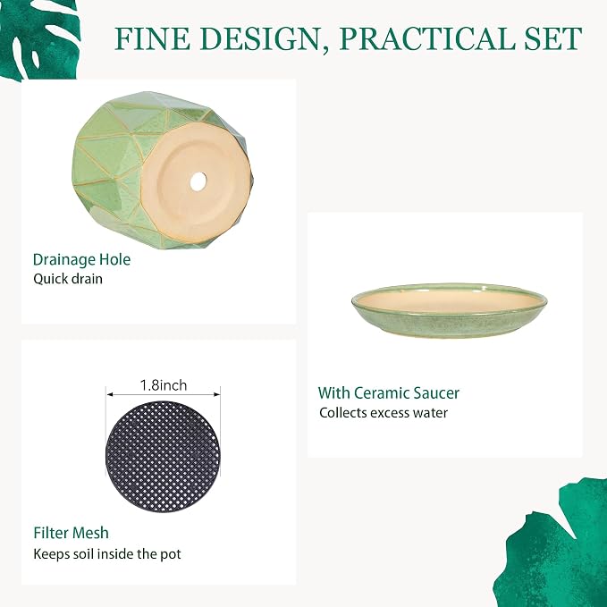 10 Inch Ceramic Plant Pot with Drainage Hole Mesh Net, Large Flower Pots for Indoor Plants with Saucer, Gardening Pots Outdoor (Crackle-Green)
