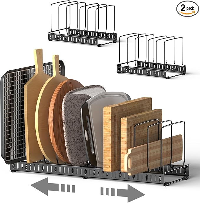 HzTinT 2PACK Cutting Board Organizer, Adjustable Divider Cutting Board Holder with Anti-slip Pads, Kitchen Cabinet Organizer for Baking Cookie Sheet Pan Bakeware Cookie, Black, Large-Size