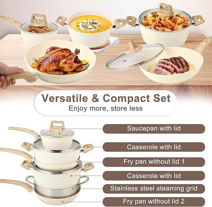 11 Pcs Pots and Pans Set, Nonstick Cookware Set with Lids and Wooden Handles, Silicone Spoons & Spatulas, Non-toxic Healthy Kitchen Cooking Set, PFAS & PFOA Free