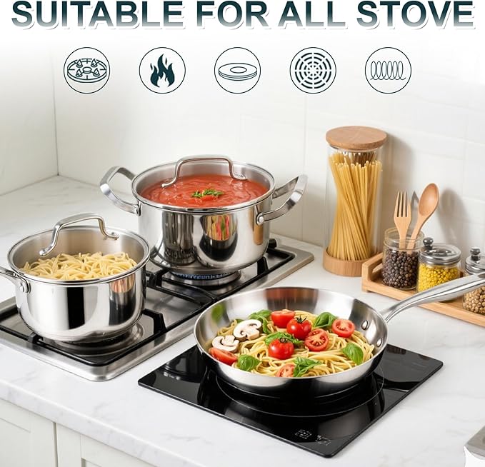 Stainless Steel Cookware Set - 21 PCS Kitchen Cookware Sets with 3-Ply Frying Pan, Even Heating, Cool Handle, Chef Quality Cooking Set, Pots and Pans Set Induction Ready, Dishwasher Safe