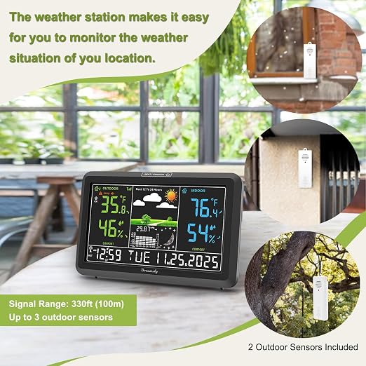 DreamSky Weather Station Indoor Outdoor Thermometer Wireless, Atomic Clock | Digital Large Display with Dimmer, USB Port, Inside Outside Temperature Humidity Monitor for Home (Plug-in)-2 Sensors