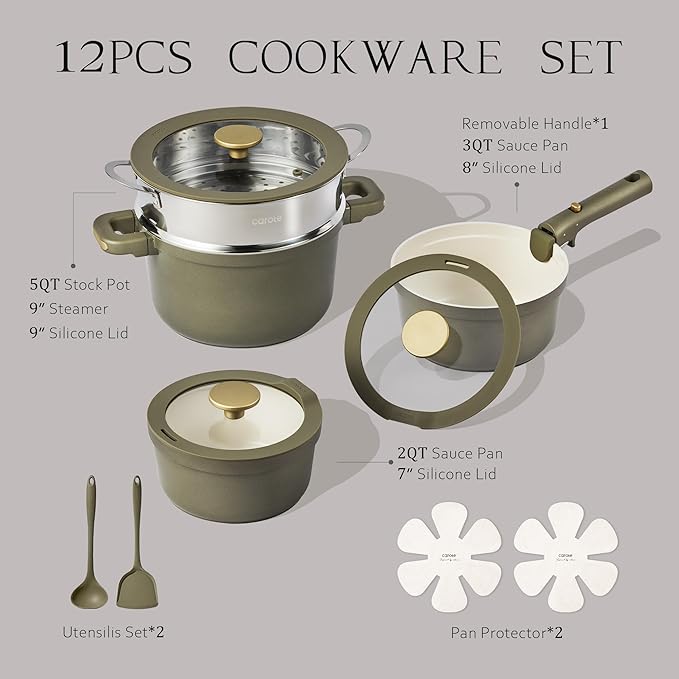 CAROTE Ceramic Saucepan Set 5.5QT/3QT/2QT，Nonstick Cooking Pots Set with Detachable Handles，Non-toxic Stock Pots with Lid，Induction Comptable，PFAS and PFOA Free，Olive Green