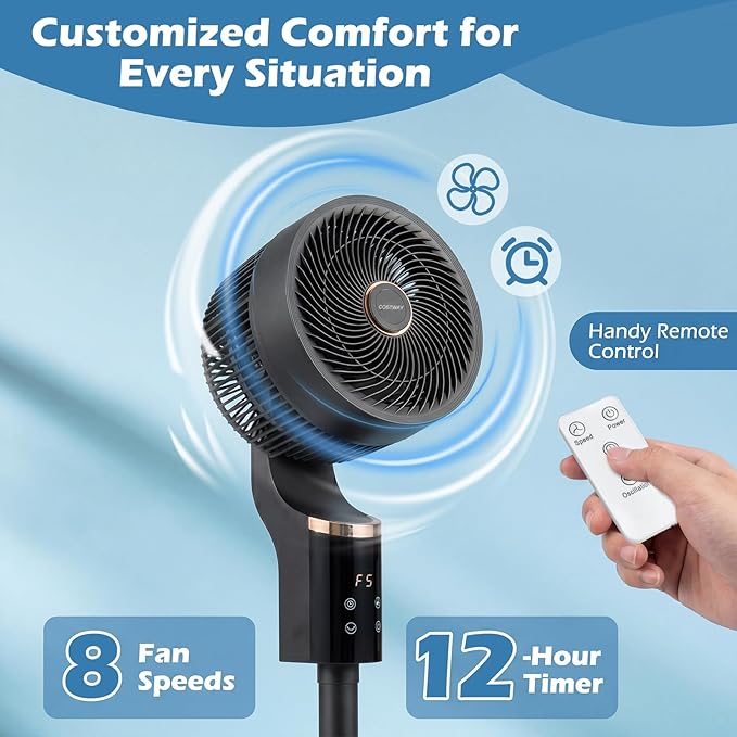 COSTWAY Pedestal Fan for Bedroom, Compact Oscillating Standing Fan with 70° Oscillation, 90° Tilt, 3 Adjustable Heights, 8 Speeds, 12H Timer & Remote, Quiet Table Fan for Home Office (Black)