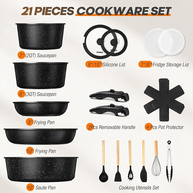 pots and Pans Set, Nonstick Cookware Set Detachable Handle, Induction Kitchen Cookware Sets with Removable Handle, Non Stick RV Cookware Set, Dishwasher ＆ Oven Safe (21 PCS)