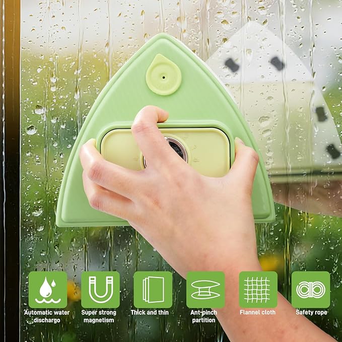 Double-Sided Magnetic Window Cleaner - Adjustable Magnetic Double Window Wiper, Fits 3-30 mm Glass Thickness, 2.5m Safety Rope for High-Rise & Auto Glass, Safe Anti-Pinch Wiper(Green)