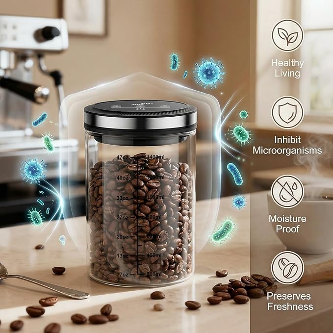 Vacuum Coffee Canister, Airtight Coffee Container with Graduated Scale and Vacuum Duration Display. Features Transparent Borosilicate Glass Construction and a 1.6L Large Capacity