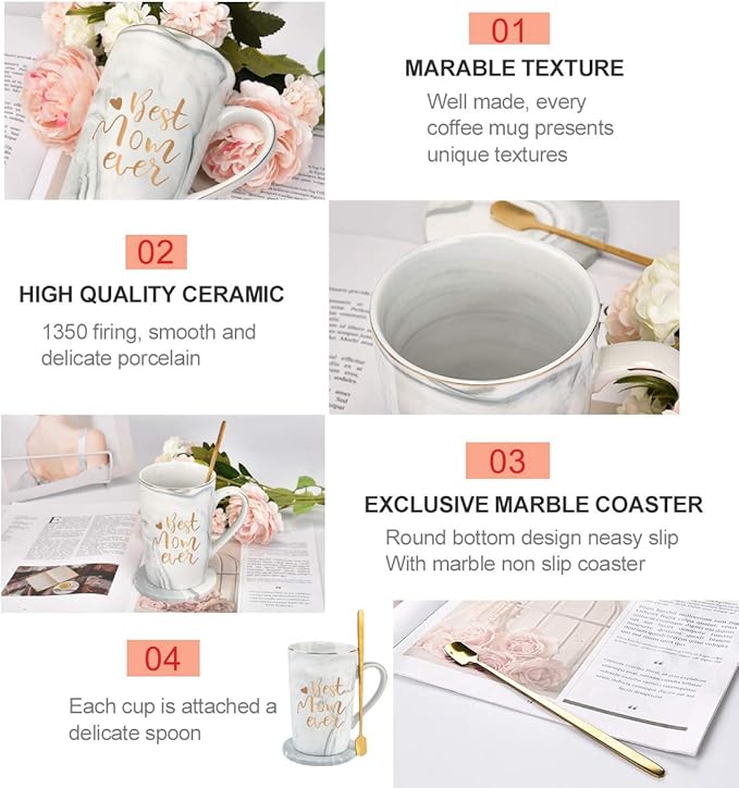 YHRJWN Mothers Day Gifts for Mom, Best Mom Ever Coffee Mug, Mom Birthday Gifts from Daughter Son, Moms Gift Idea for Christmas, Mothers Day, Valentines Day, Present for Moms Mothers, 14 Oz Gray