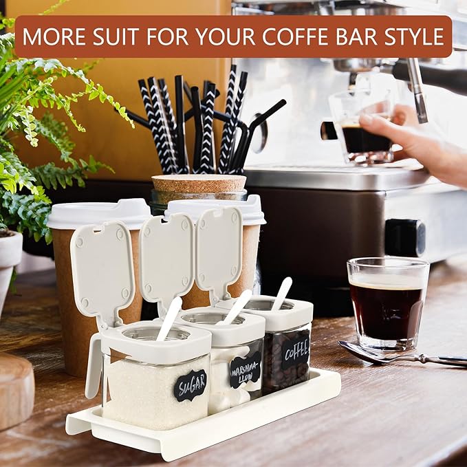 Suclain 3 Pcs Glass Coffee Containers Coffee Station Organizer Set, Airtight Bean Storage Jars with Shelf,labels,spoon, Base and Pen,for Sugar, Candy, Oats, Nuts(White)