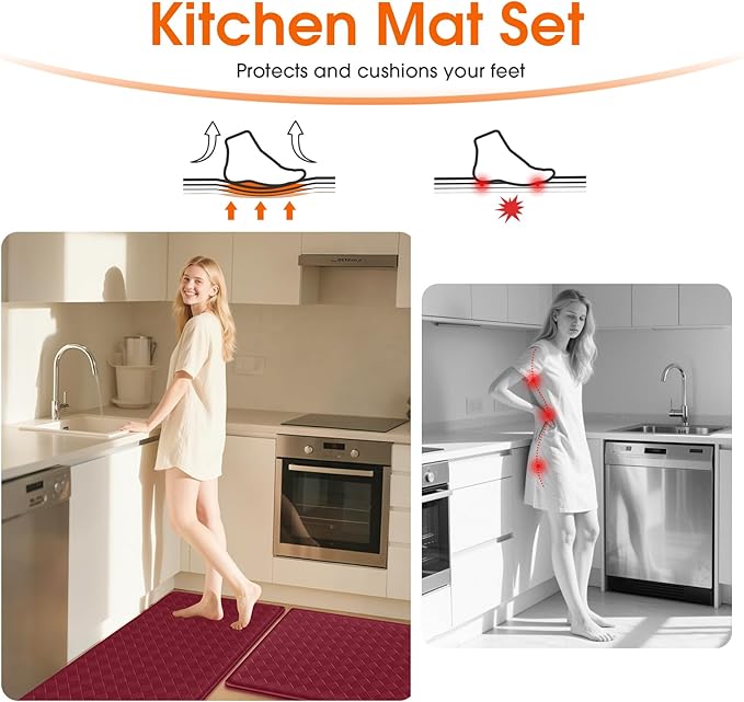 TranquilRelax Kitchen Mats, 2PCS Kitchen Rugs, Cushioned Anti Fatigue Kitchen Mats for Floor, Non-Slip Standing Desk Mat, Waterproof Kitchen Rug Set for Kitchen Floor Office,17.3"×30"+17.3"×59" Red