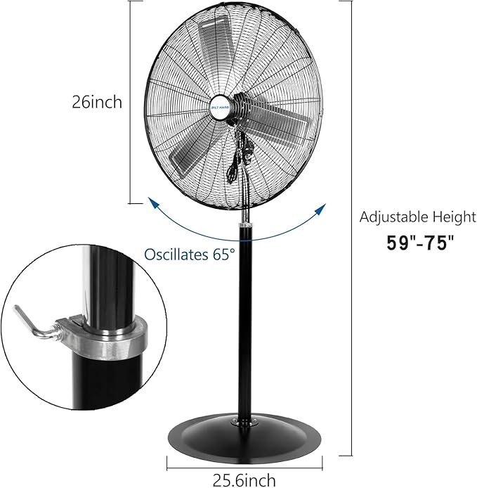 BILT HARD 24" High Velocity Pedestal Oscillating Fan, 6450 CFM 3-Speed Industrial Floor Fan with Adjustable Height, Metal Shop Fan with Aluminum Blades for Commercial, and Garage